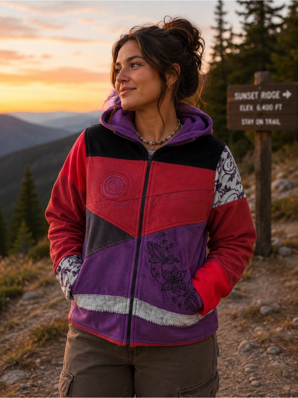 Greater Good Network Colorblock Full Zip Fleece Hoodie Purple Embroidered S